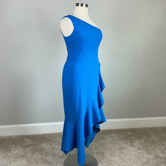 XSCAPE One Shoulder Ruffled High Low Sheath Cocktail Dress Blue Size 16 - Picture 3 of 13